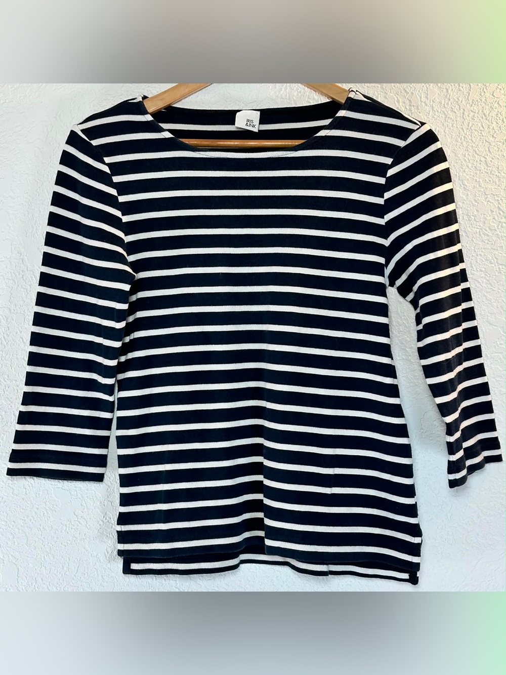Iris & Ink Striped Boatneck 3/4 Sleeve Top - Blue & White
